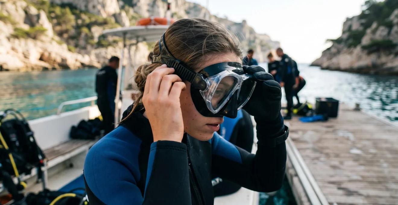 Plongeur ajustant soigneusement les sangles de son masque de plongée avant une immersion