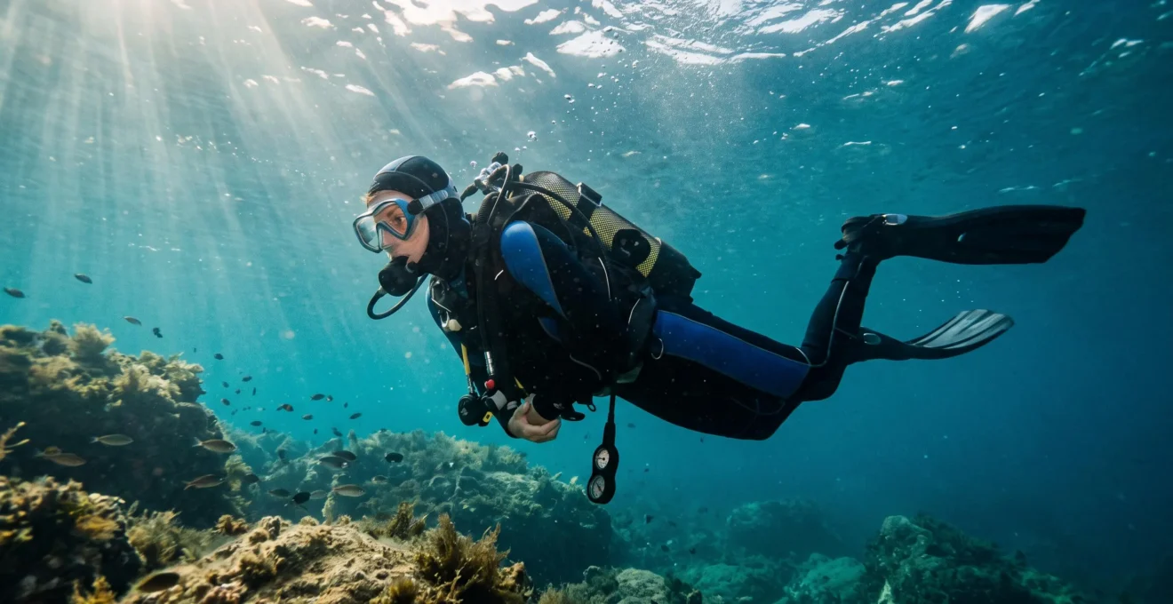 Plongeur débutant nageant sous l'eau en Méditerranée avec masque, palmes et combinaison