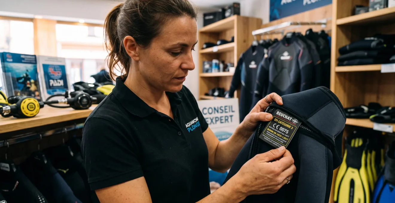 Client vérifiant l'étiquette de certification CE EPI catégorie 3 sur un équipement de plongée en boutique