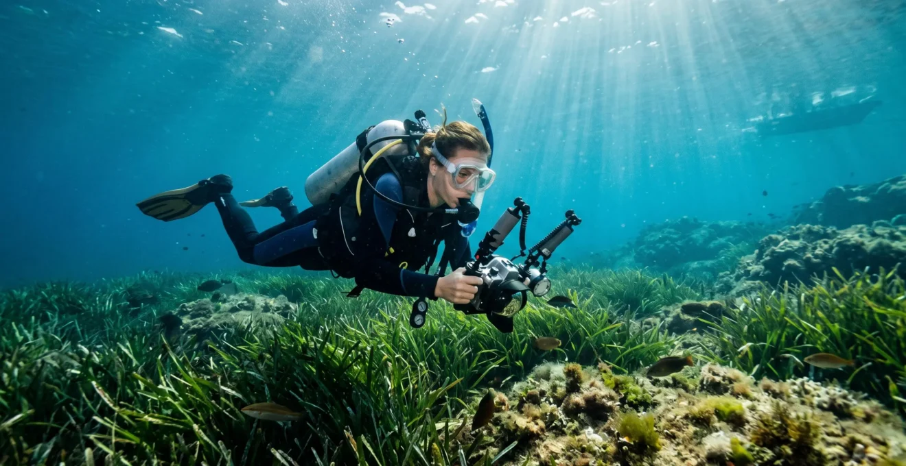 Plongeur explorant les herbiers de posidonie en Méditerranée avec un masque de plongée clair et un boîtier photo étanche.