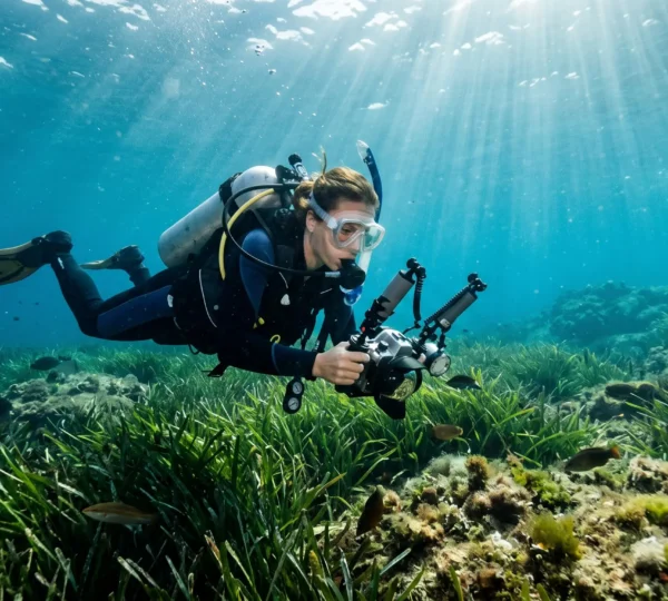 Plongeur explorant les herbiers de posidonie en Méditerranée avec un masque de plongée clair et un boîtier photo étanche.