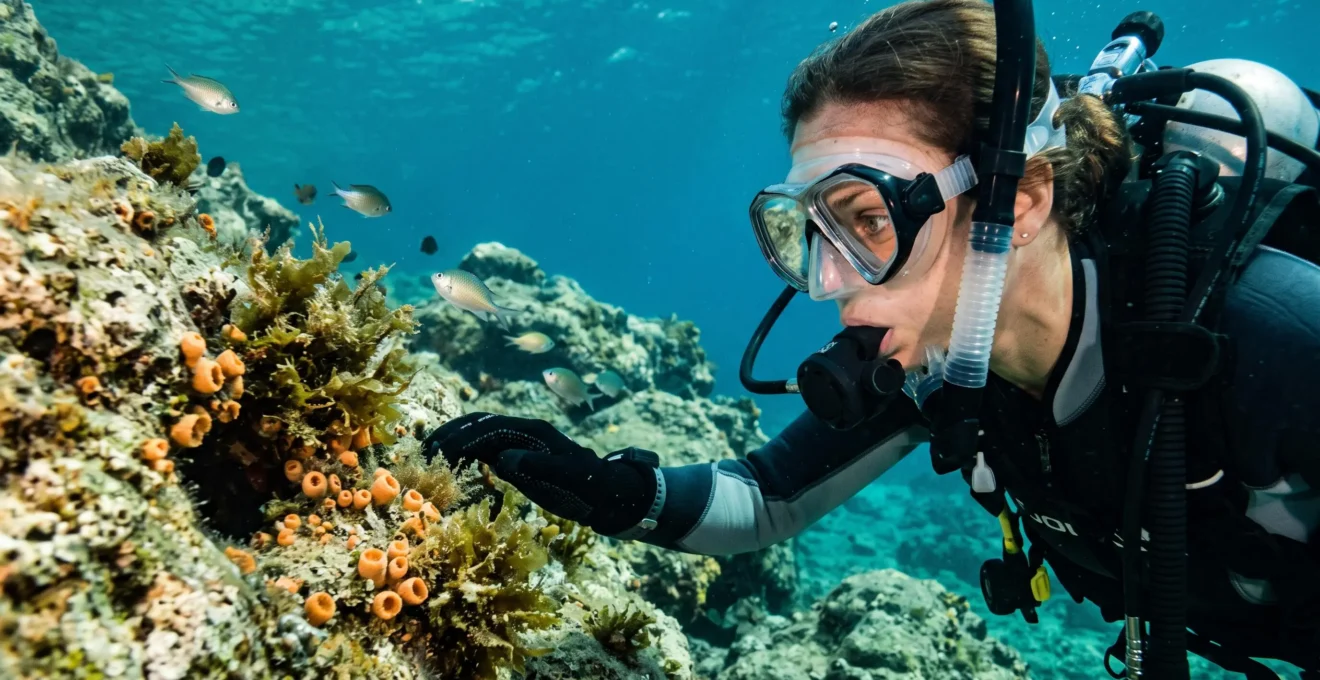 Plongeuse observant la faune méditerranéenne en profil, son masque parfaitement clair permettant une vision nette sous l'eau.