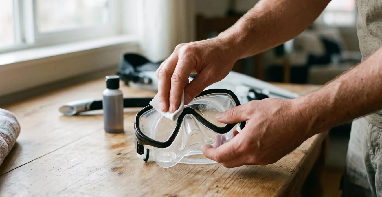 Mains nettoyant l'intérieur du verre d'un masque de plongée neuf avec un chiffon doux sur une table.